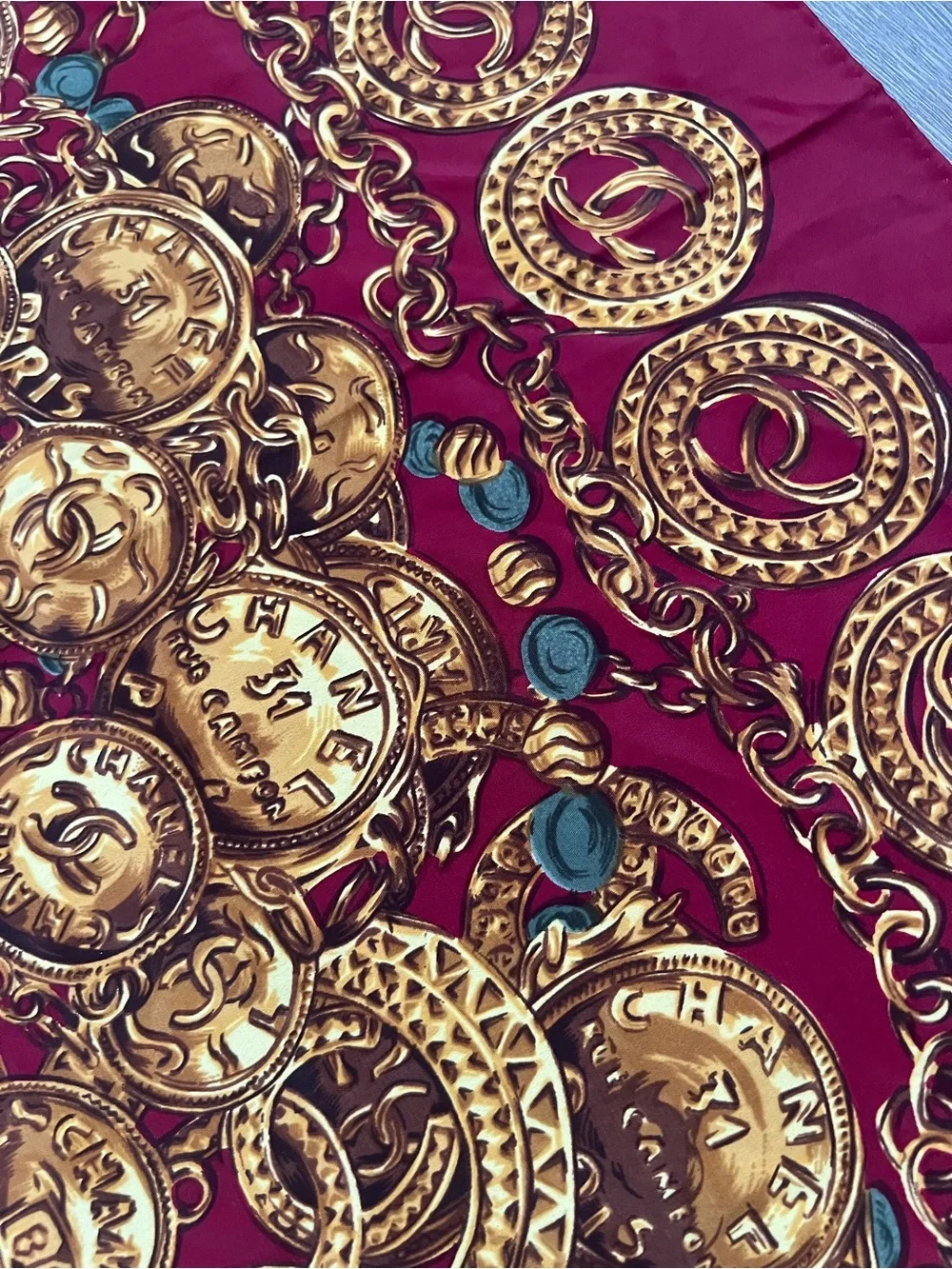 Rare Vintage Chanel Paris Silk Scarf Coin & Chain Print Burgundy Red